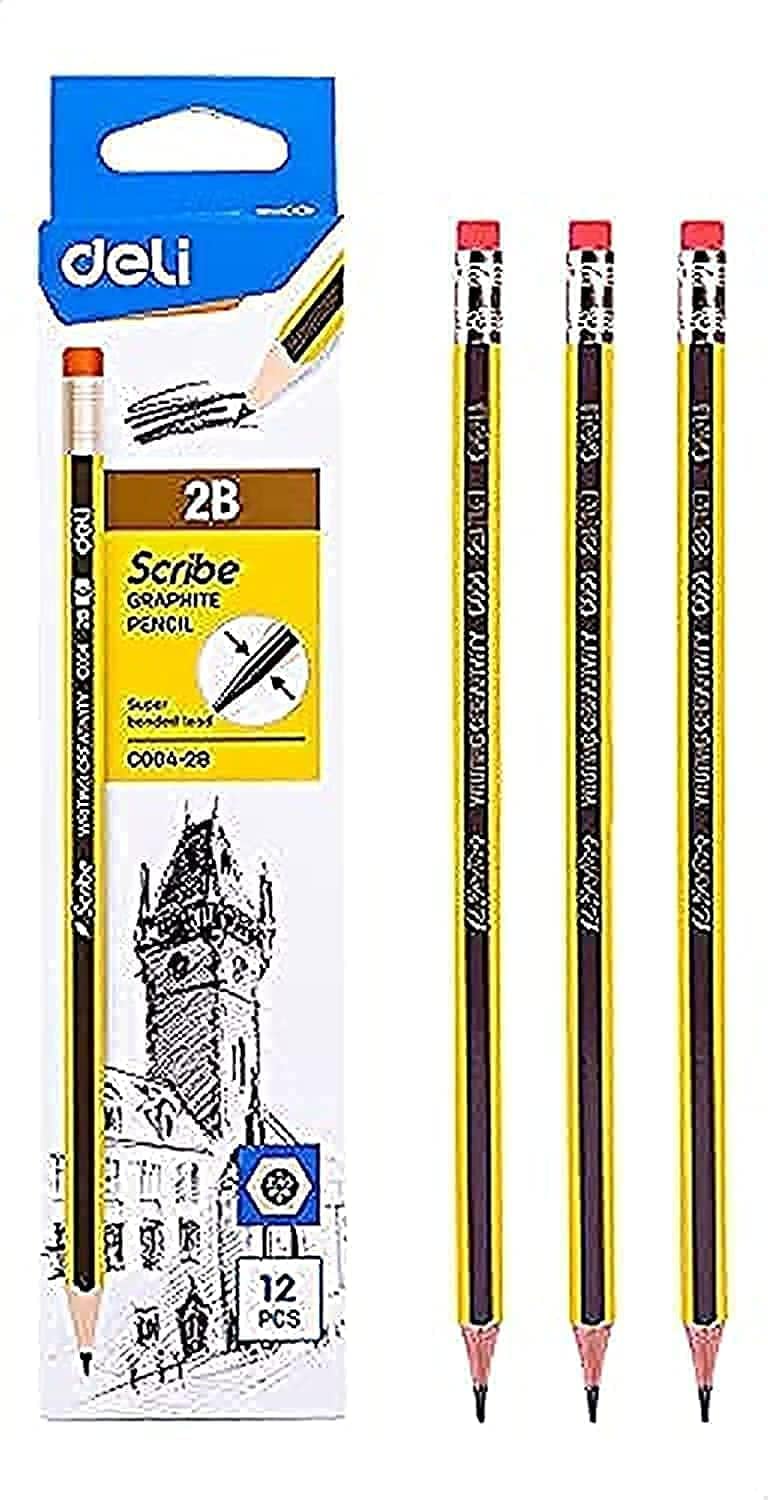 Deli Graphite Pencil 2.4 mm C004-2B with eraser tip - yellow and black- Pack Of 05